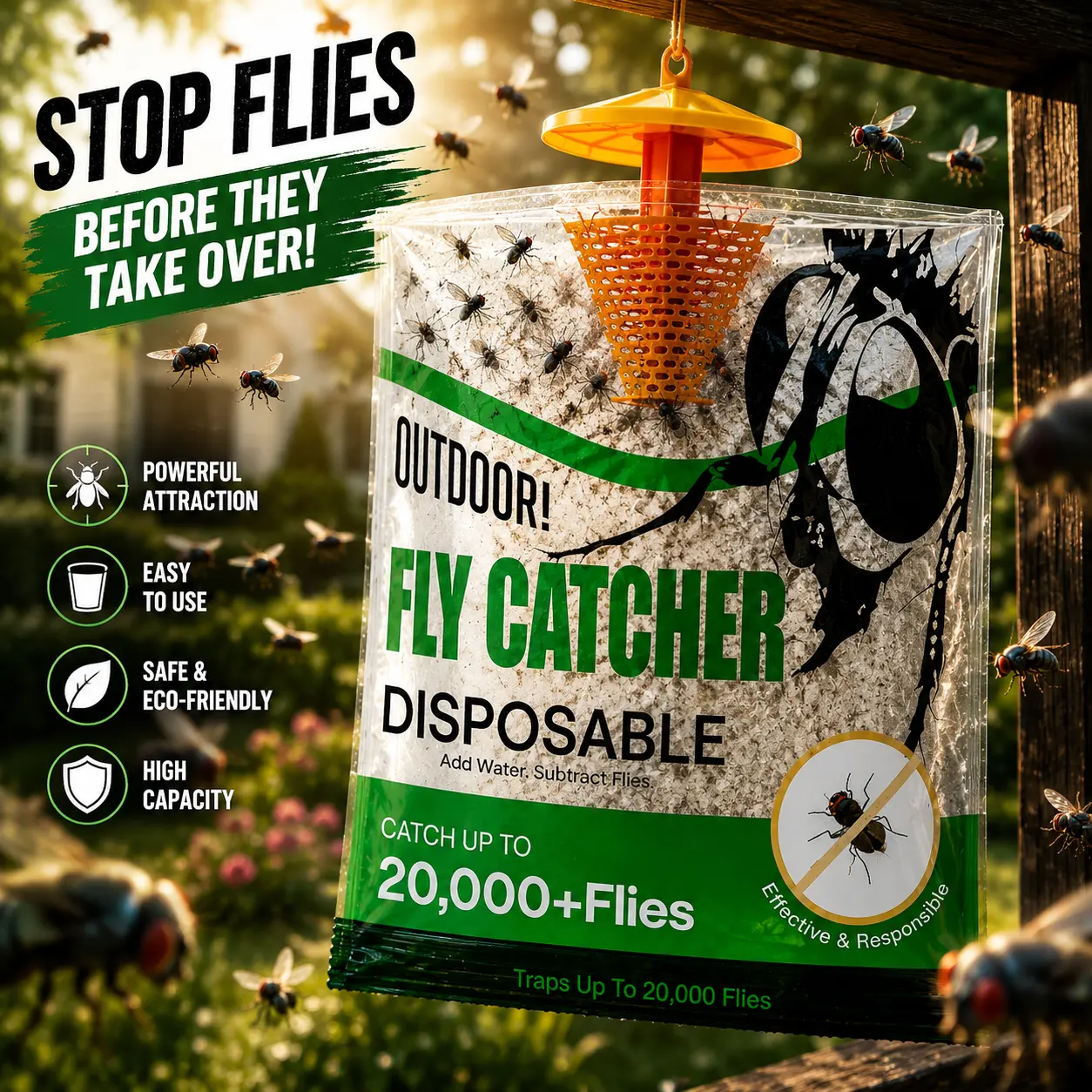 Disposable Outdoor Fly Trap - Hanging Catcher with Attractant Bait, 9 Traps Easy Disposal Bag, Bug Control & Pest Repellent Solutions for Patio, Home Pest Control Disposable Fly Killer