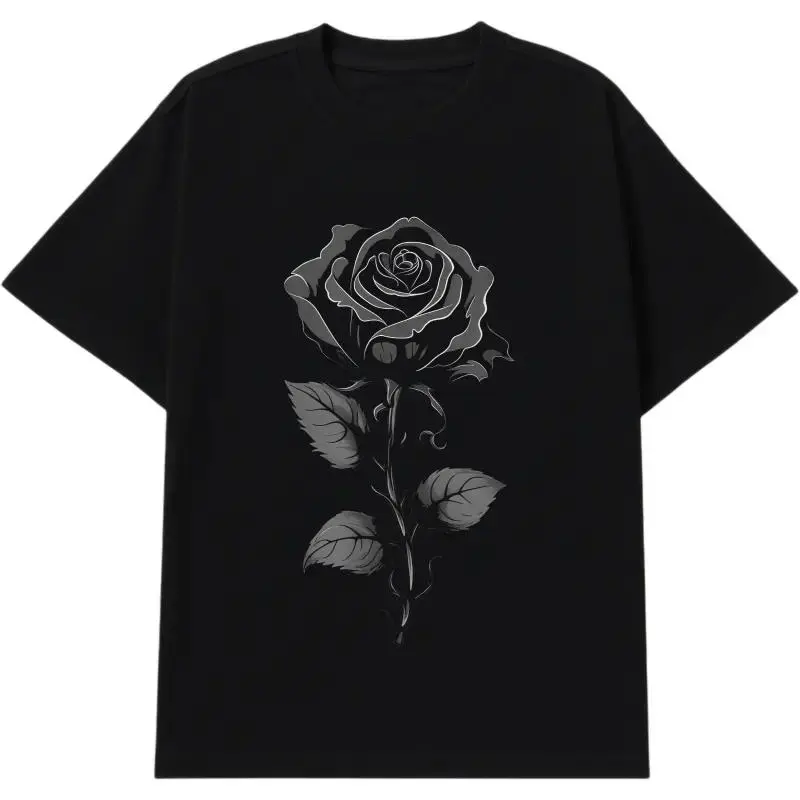Women's Gothic Rose Graphic T-Shirt - Black Oversized Crewneck, Dark Floral Print, Natural Seamless Spandex Fabric, Slimming Trendy Streetwear Top for Fall Alt Aesthetic Outfits