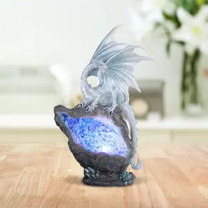 8.75"H Silvery Dragon with LED Blue Faux Crystal Stone Statue Fantasy Decoration Figurine