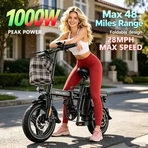 14" Folding E-Bike 1000W 15Ah Detachable Battery 48 Miles Range High Carbon Steel Frame Dual Disc Brake LED Speed Display Electric Bicycle , Commuter E-Bike With Remote Start Lock Unlock Function outdoorfun