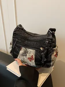 Casual Fashion Multi-Pocket Butterfly Design Bag, Denim Shoulder Purse, Shoulder & Crossbody Handbag, Stylish Women's Accessory for Daily Use