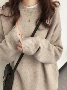 Plus Size Solid Color Drop Shoulder Long Sleeve Thick Pullover Sweater, Casual Fashion Round Neck Knitting Knitwear for Fall & Winter Women Daily Wear Womenswear