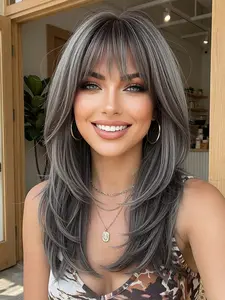 18 Inch Mid-Length Wavy Wig with Bangs, Natural Heat Resistant Synthetic Hair for Daily Wear, Perfect Ladies Wig for Styling, Natural Looking Wig, Synthetic Hair Wigs