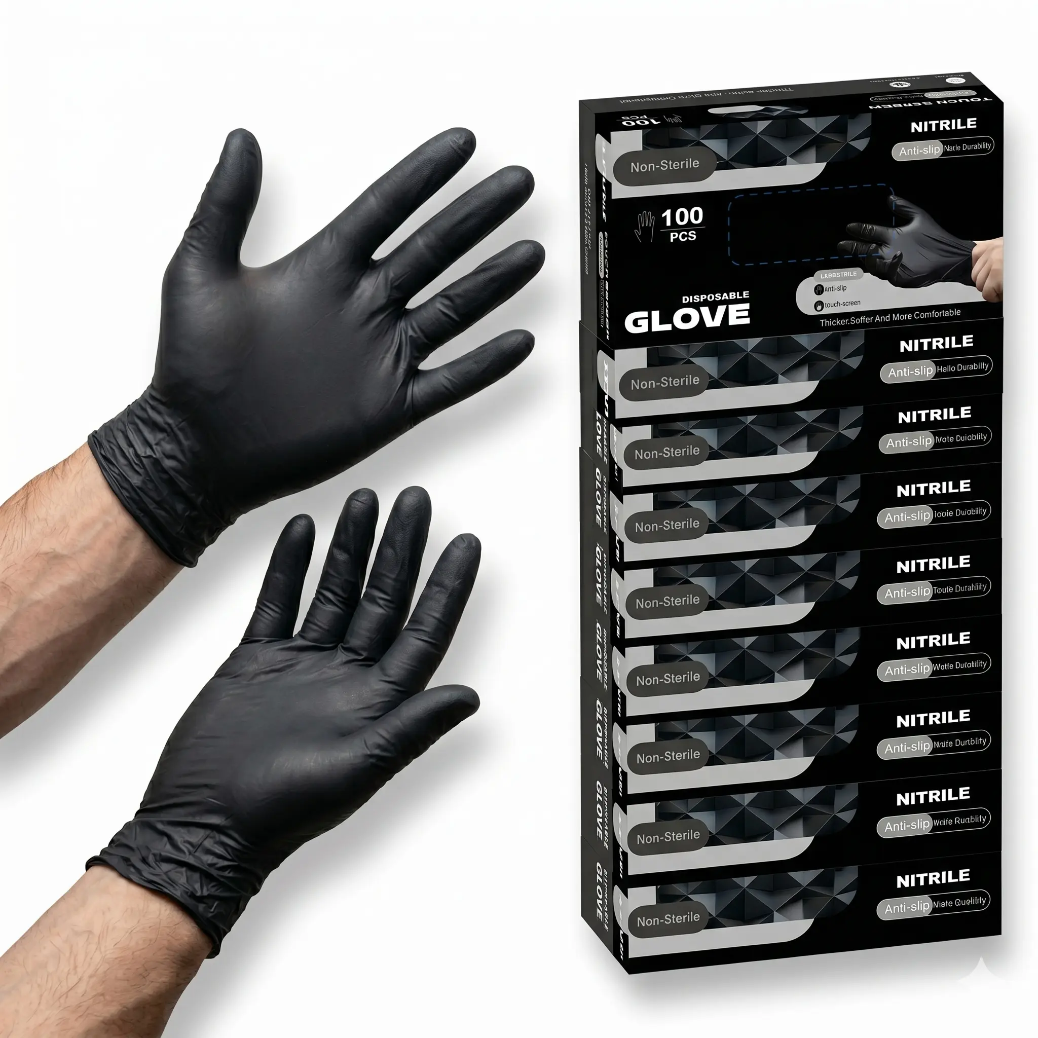 gpcraft Disposable Black Nitrile Gloves - Synthetic, Latex-Free, Powder-Free, Food-Grade, Touch Screen Friendly, Extra-Thick, High-Resistance, Work-Safe for Cooking, Cleaning (Pack of 100)
