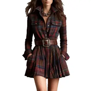 Women's vintage plaid long-sleeve shirt dress with pockets, elegant and stylish.Vintage plaid long-sleeve shirt dress, waist-cinching for a slimming effect, A-line-style short skirt