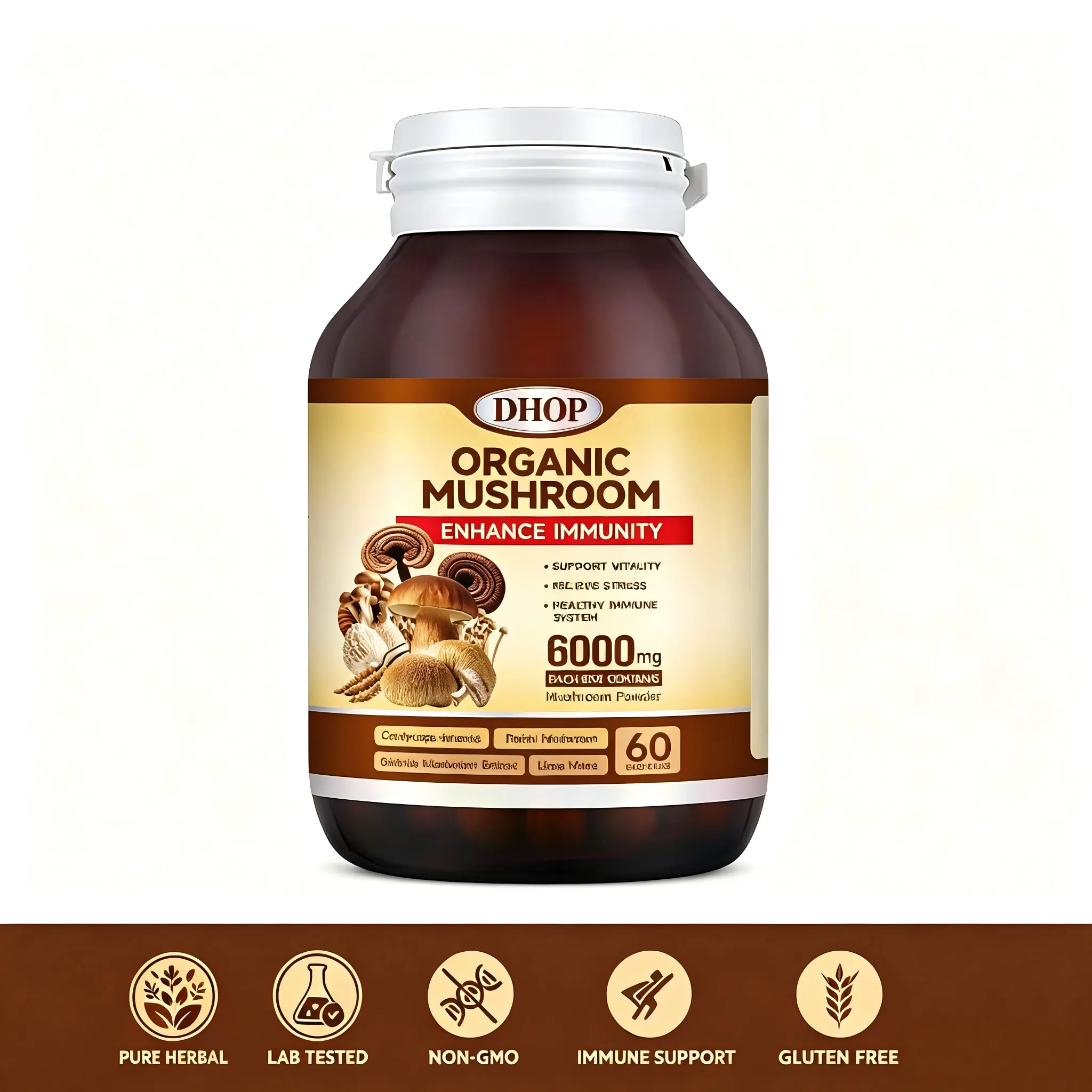 4-in-1 Organic Mushroom Complex Capsules, 6000mg High Potency Reishi Cordyceps Shiitake Lion's Mane Extract Blend, Support Immune Health, Physical Energy & Stress Balance, Daily Wellness Supplement for Fitness Lovers, 60 Capsules