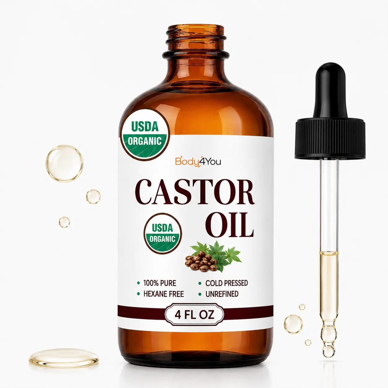 Body4You Organic Castor Oil for Eyelashes & Eyebrows - 100% Pure Daily Nourishing Moisture - Vegan Cruelty-Free - Hydrating Hair Growth Serum with Brush & Dropper