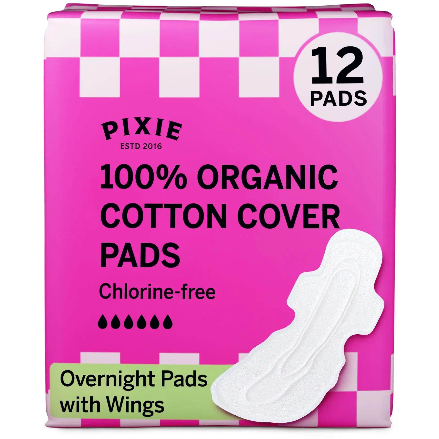 Pixie Organic Cotton Ultra Thin Overnight Pads for Women - Extra Heavy Absorbency with Wings - Leak-Proof, Hypoallergenic & Unscented - Compostable, Biodegradable - FSA Eligible - 12 Count