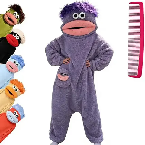 Funny Big Mouth Monster 1-Piece Hooded Onesie - Oversized Plush Fleece Pajama Set, Jumpsuit Pajamas with Large Comb, Casual Sleepwear for Halloween Parties & Lounging