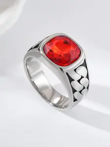 Men's Stainless Steel Ring, Vintage Distressed Finish, Green Agate Center Stone, Ideal for Business & Casual Wear