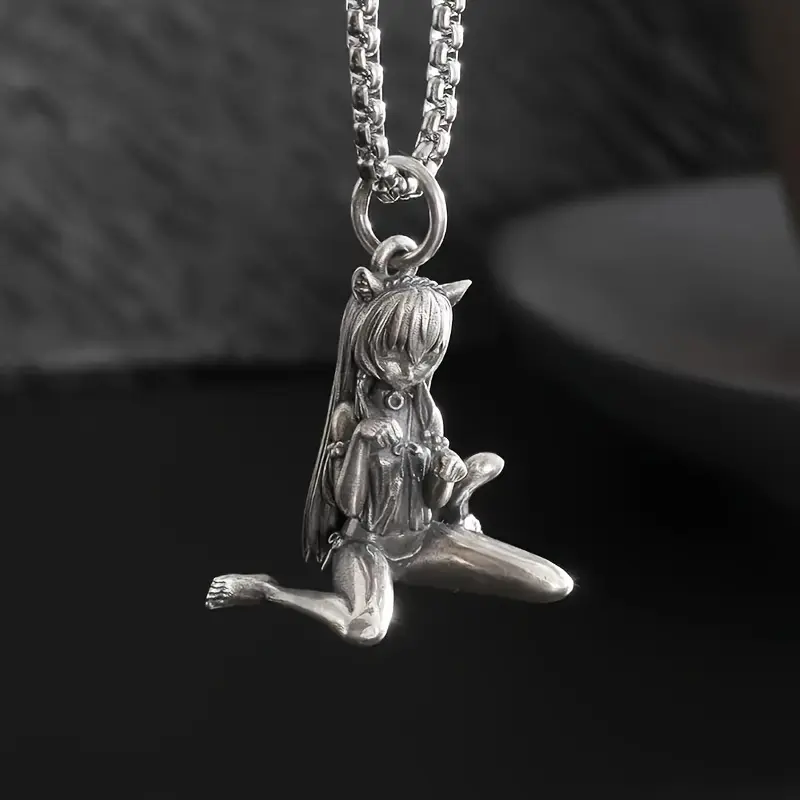 3D Sculpted Assorted Figure Pendant Necklace - Vintage Antique Silver, Skeleton Guitar Cowgirl Anime Girl Designs, Punk Streetwear Statement Neck Chain for Men Women Costume Jewelry