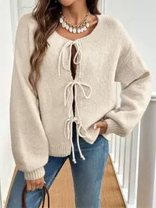 Women's Tie Front Knit Cardigan, Cute Long Sleeve Bow Knot Fitted Sweater, Y2K Aesthetic Top for Spring, Coquette Clothes, Knitwear, Womenswear