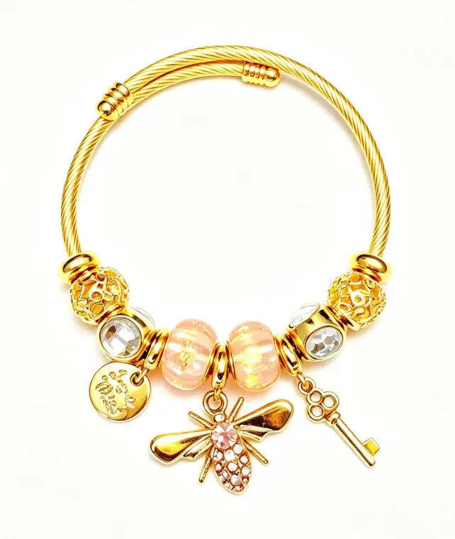 Gold Twisted Cable Bangle Bracelet, Pink Murano Glass Beads Charm Bracelet with Crystal Bee, Key & Engraved Coin Pendant, Sweet Fashion Jewelry Gift for Women Girls