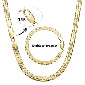 [New Upgraded Set]  14K Gold Plated Dainty Herringbone Choker Necklace and Bracelet for Women Man Snake Sleek Flat SnakeChain Necklaces Multiple Lengths Jewelry Christmas gift