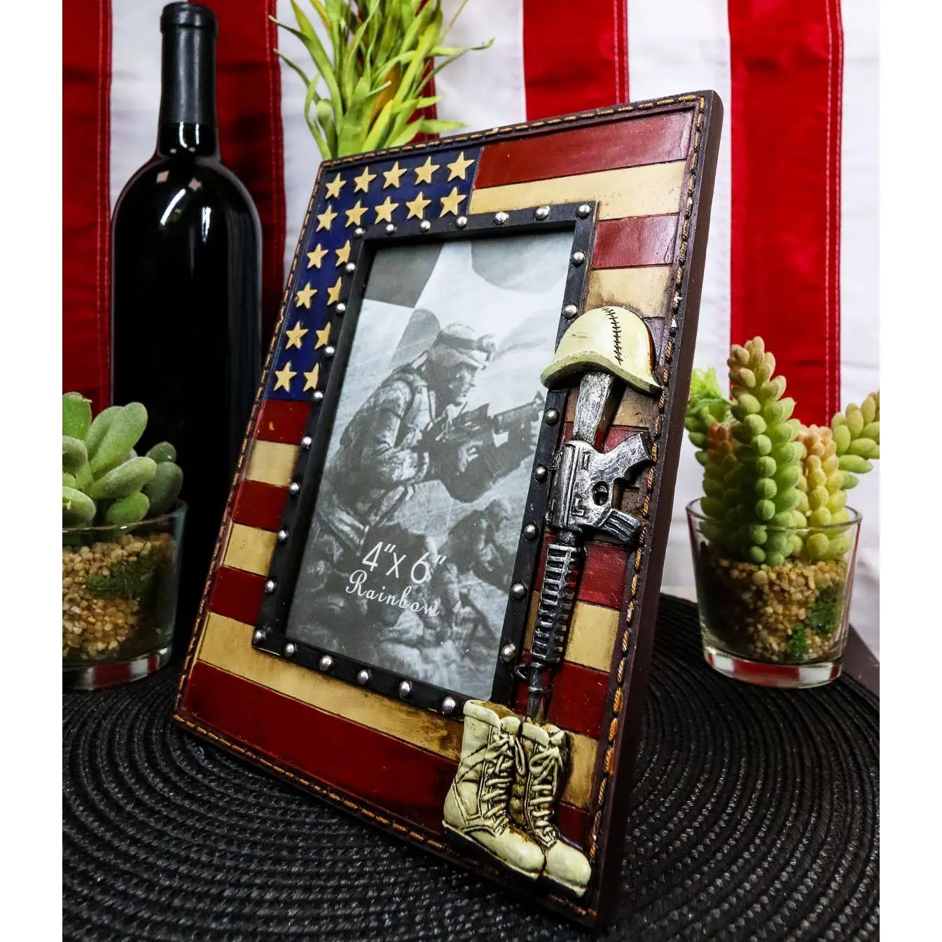 Western Stars USA Flag Fallen Soldier Boots Rifle Helmet Picture Frame 4"X6"