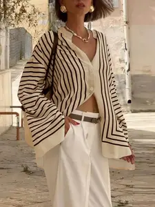 Women’s Spring/Summer Elegant Casual Striped Shirt, Vacation Style Contrast Color Loose Long Sleeve Button Blouse, Lightweight Breathable Sun Protection Cardigan Top, French Chic Design, Perfect for Work, Dates, Travel, Beach Holidays, and Daily Wear