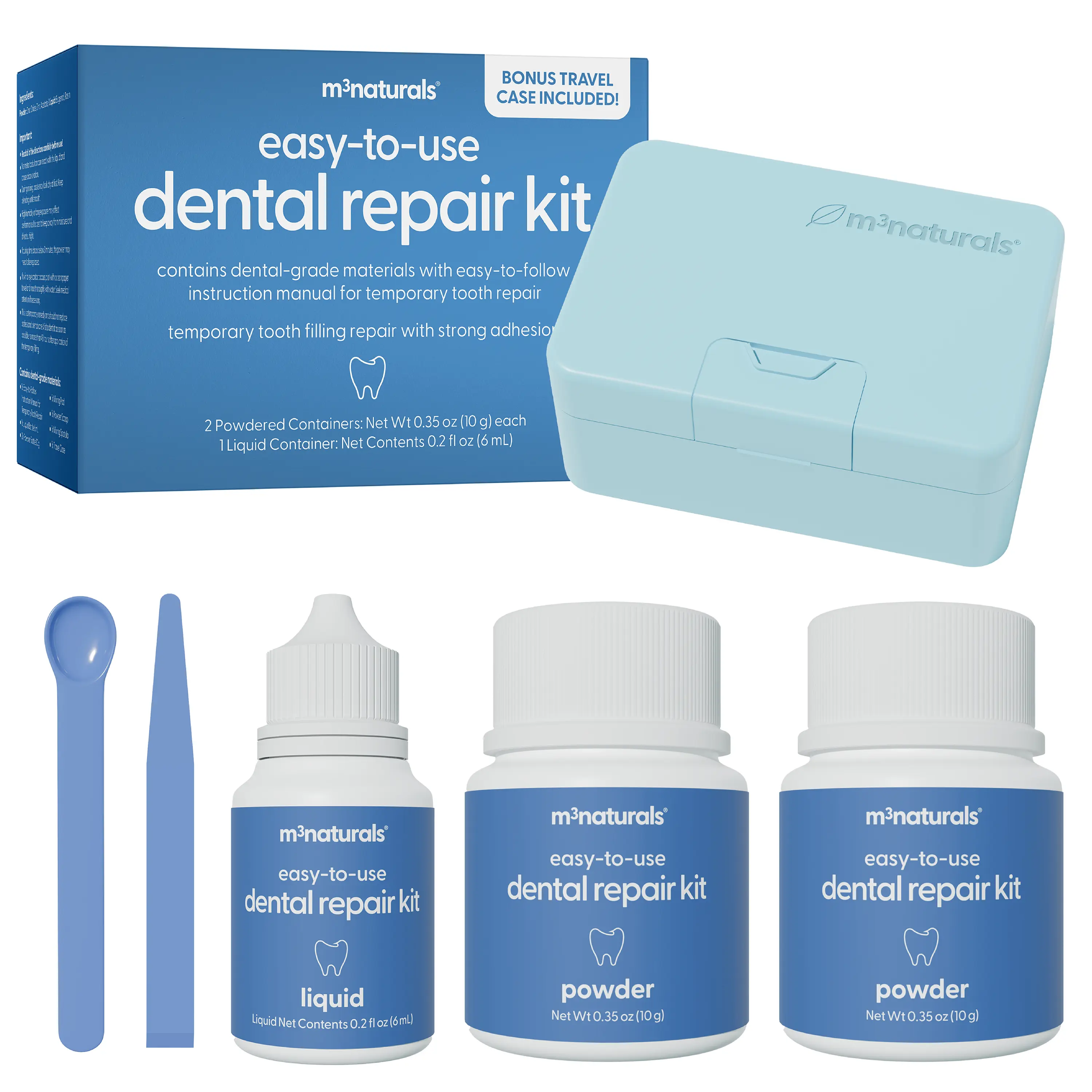 Dental Tooth Repair Kit, Dental-Grade Materials, Temporary Filling Composite for Cavities, Loose or Lost Crowns and Fillings, Caps and Inlays, Travel Case Included, by M3 Naturals