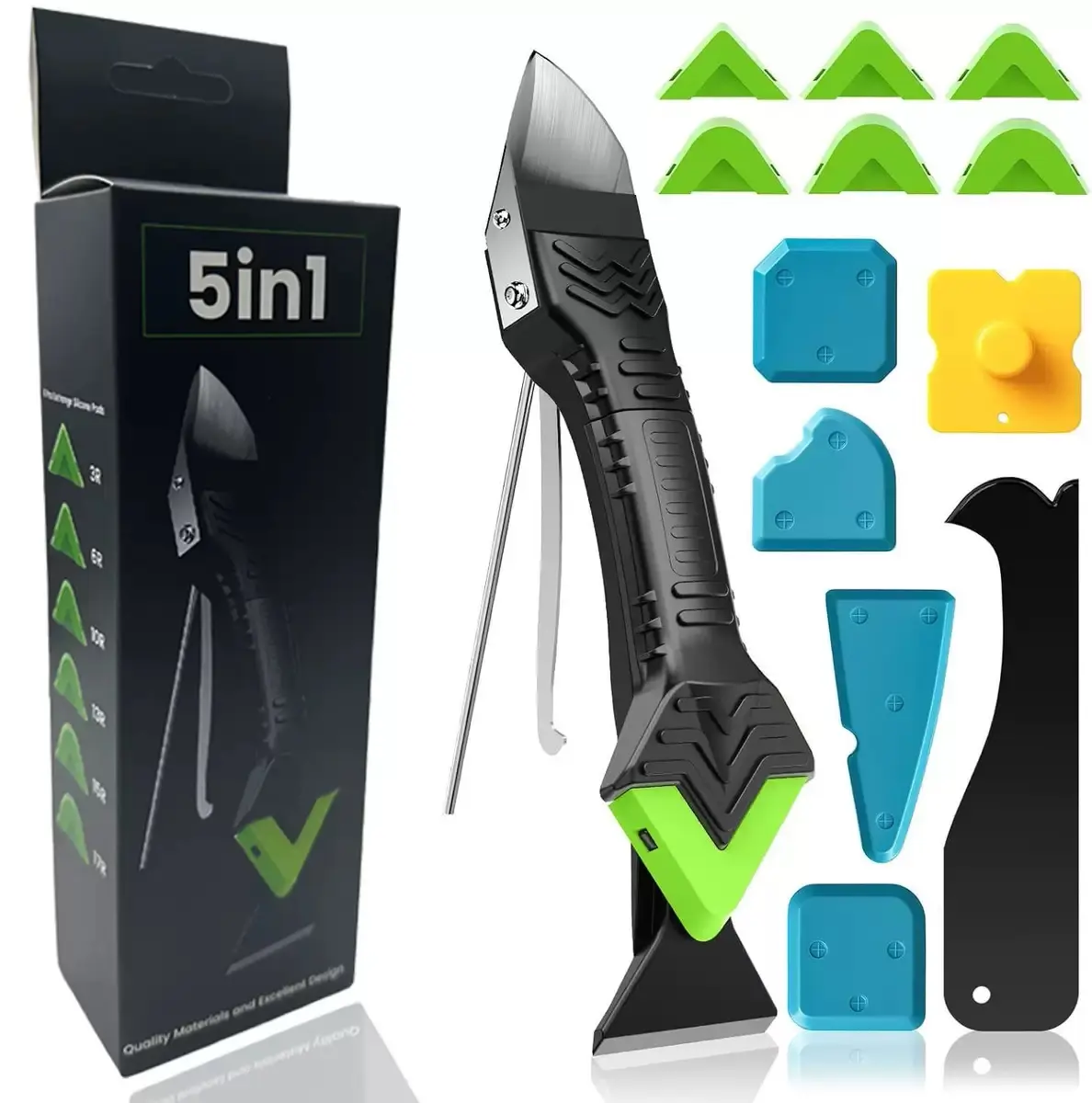 Stainless Steel 5-in-1 Caulking Tool Kit - Replaceable 3r/6r/10r/13r/15r/17r Radius Smoothing Silicone Pads, Grout Scraper, Adhesive Residue Scraper, Not Rusty, Reduce Sealant Waste, Damage-Free for Bathroom, Kitchen Home Improvement