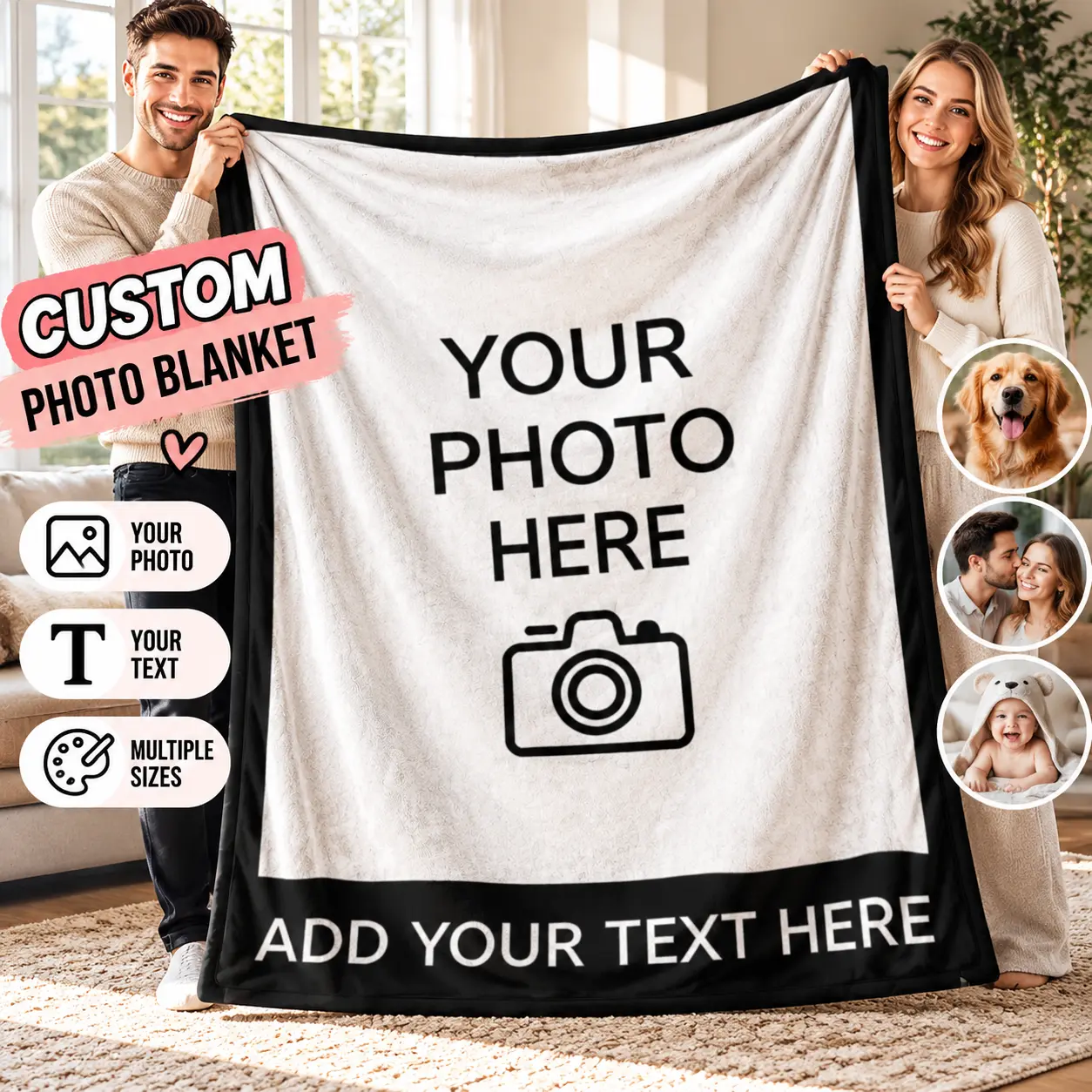 Personalized Photo-Text Flannel Blanket - Custom Picture Throw with Add-Your-Text Style, Memory Keepsake, Affordable Home Goods for Family Sofa Beds, Room Accessories, House Decor, Living Room Decorations, Apartment Stuff, Holiday Birthday Gift