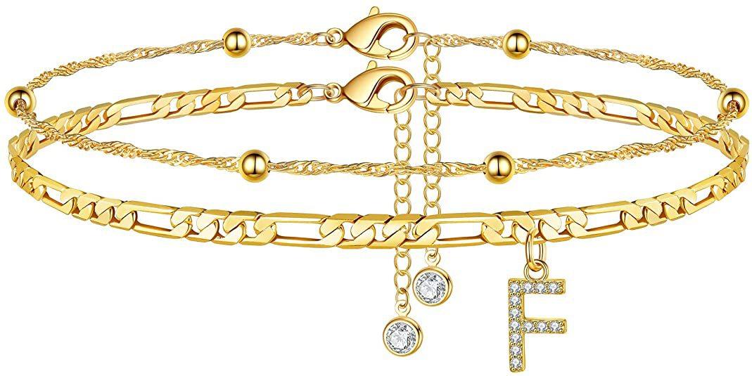 Popular 26-letter zirconia anklet, simple and stylish beaded Cuban double-layer anklet