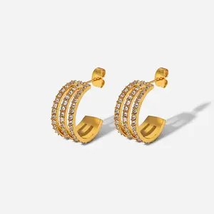 Stainless Steel Inlaid Zircon C-Hoop Earrings stacked lobe