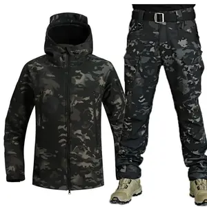 Winter Thickened Men's Camouflage Suit Waterproof Tactical Training Suit Multi-Pocket Hooded Jacket Fleece Pants Outdoor 2-Piece Set