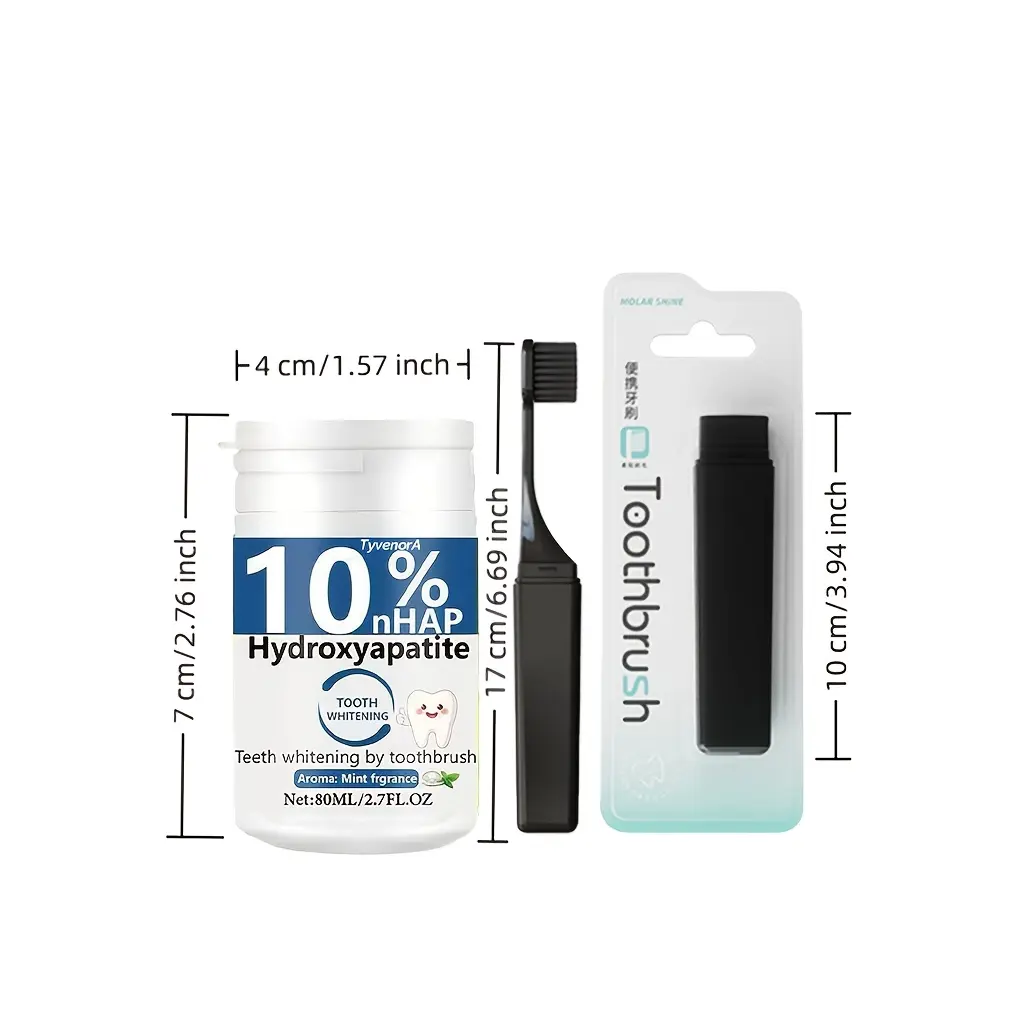 10% hydroxyphosphorescent tooth powder with foldable toothbrush, deeply cleans and freshens teeth, enhances dental care, ideal for daily use and travel, and a gift for oral health and hygiene for both women and men