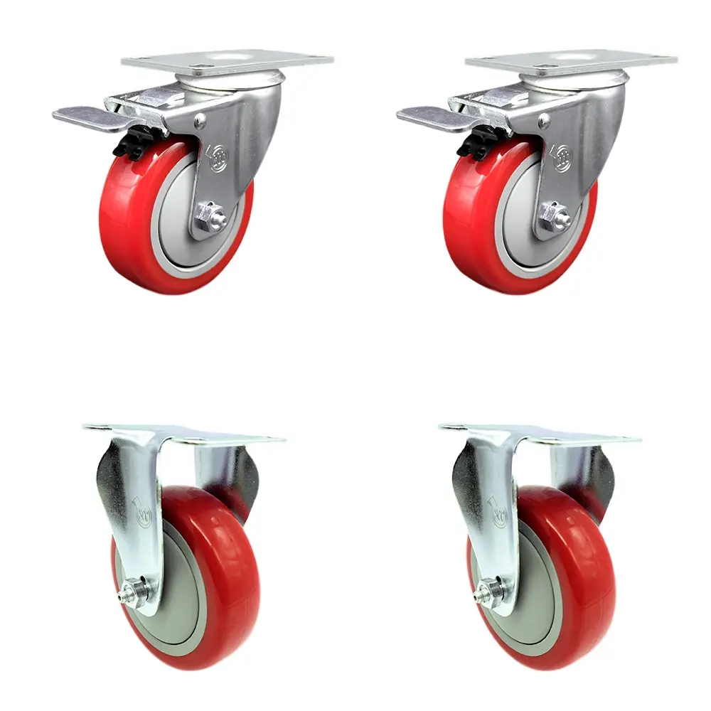 212 MAIN Total Lock Polyurethane Swivel Top Plate Casters with Lockable Wheels, Total Locking Brakes, 4 in. Red Non-Marring Wheels, Plate Mount, 1400 lbs Capacity, Set of 4 (SCC-TTL20S414-PPUB-RED-2-R-2) for Material Handling, Shop Projects Equipment