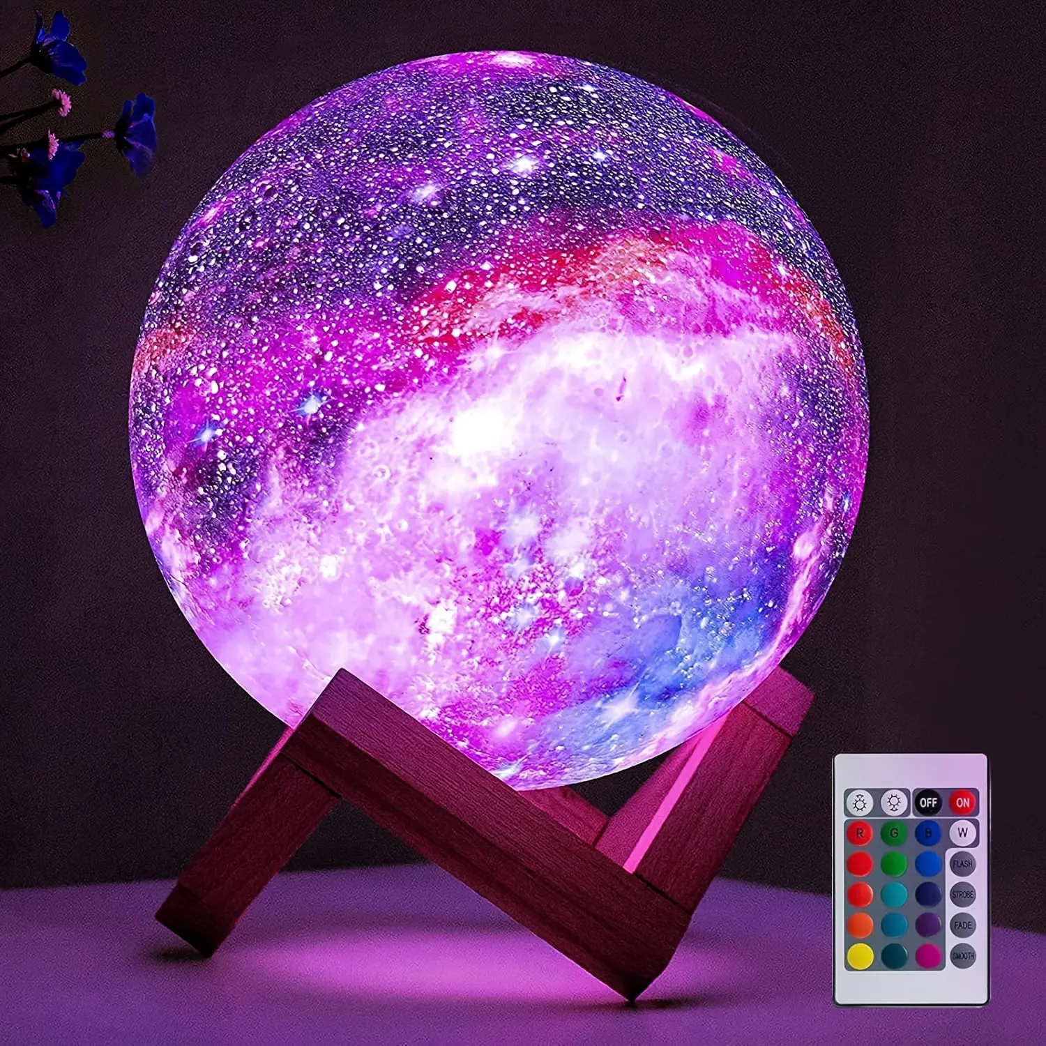 Moon Lamp Night Light Galaxy Lamp 16-Color 3D Star Moon Lamp with Wooden Stand, Remote Control USB Plug Perfect Couple Birthday Gift ( 5.9inch )