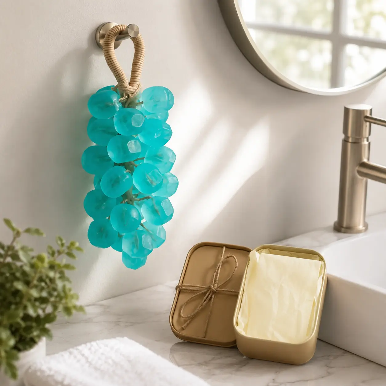 Tea Tree-Infused Handmade Grape-Shaped Wall Hanging Hand Soap Gift Box, Translucent Decorative Soap with Built-In Loop for Bathroom, Housewarming Gifts & Daily Hand Care