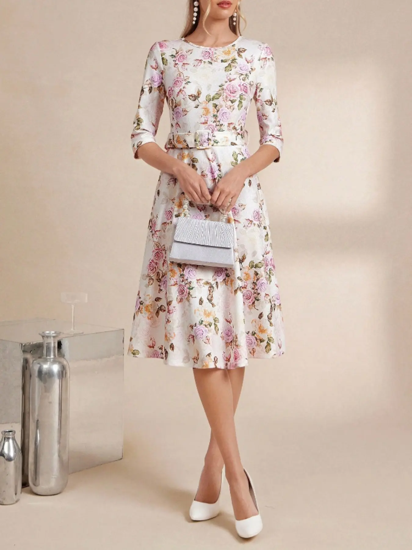 Elegant Floral Printed Women's Dress with Waist Belt, Slim Fit Mid- Sleeve Design, Perfect for Stylish, Comfortable & Chic, Casual Wear, Casual Fashion Fitted