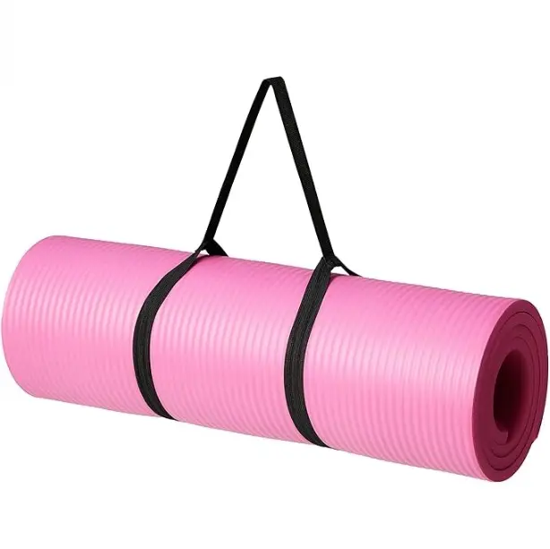1/2 in Extra Thick Durable Foam Yoga Mat - Anti-Slip Textured Grip, Cushy Shock Absorption, All Seasons Everyday Use, Pink, Easy Storage with Elastic Carrying Strap