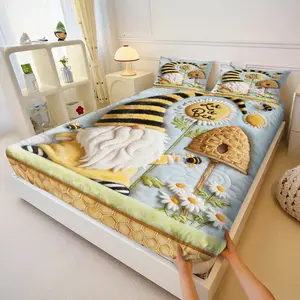 Cartoon Bee & Cute Gnome 3D Embroidered Bed Sheet Set, Includes 2 Coreless Pillowcases, Anti-Slip Farmhouse Style, Spring Bedroom Decor