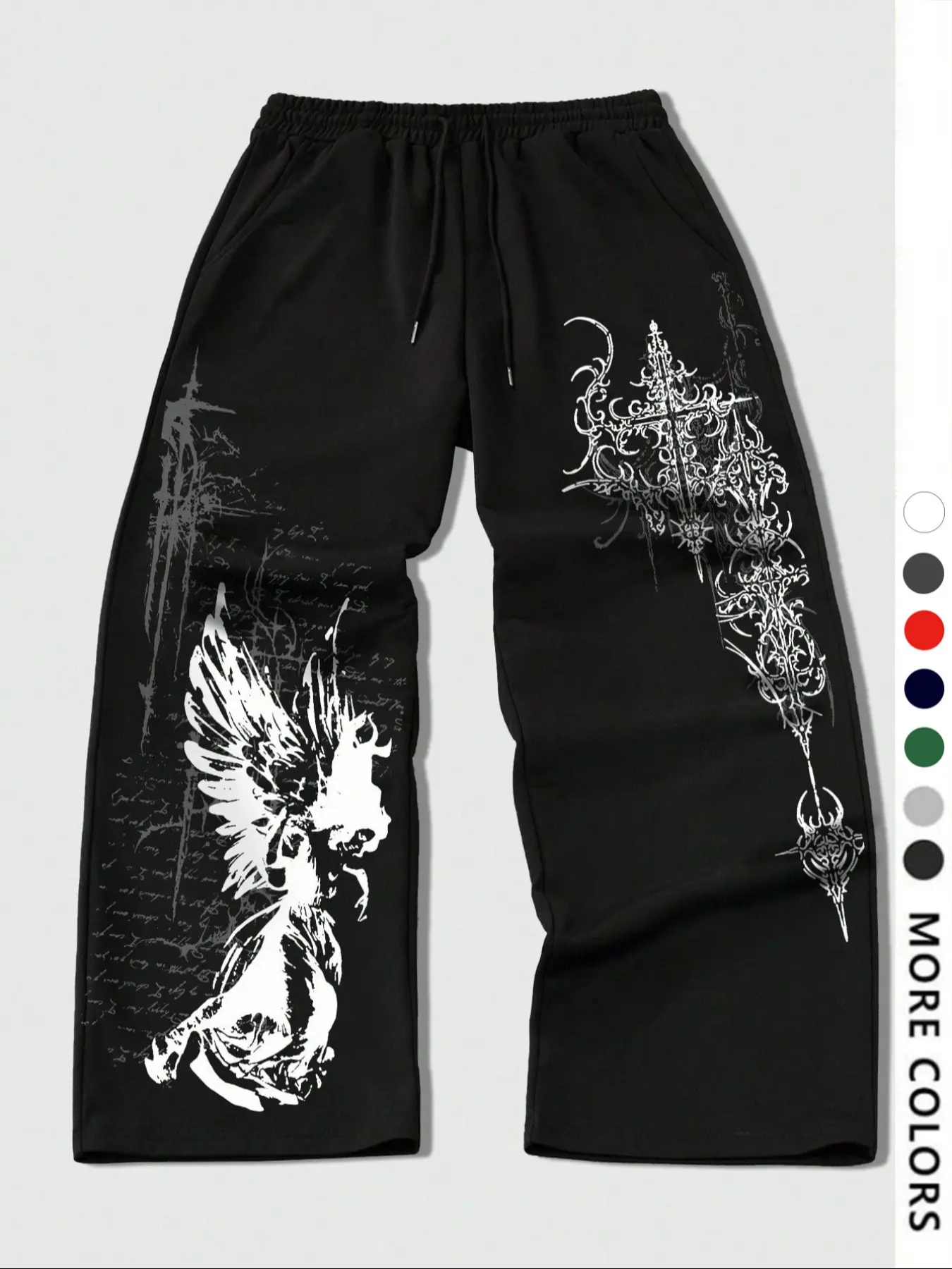 Men's Casual Loose-Fit Athletic Pants, Angel Totem Graphic Print Drawstring Wide Leg Joggers, All-Season Men's Clothing, Wide Leg Sweatpants, Deep Sweatpants, Baggy Sweatpants