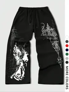 Men's Casual Loose-Fit Athletic Pants, Angel Totem Graphic Print Drawstring Wide Leg Joggers, All-Season Men's Clothing, Wide Leg Sweatpants, Deep Sweatpants