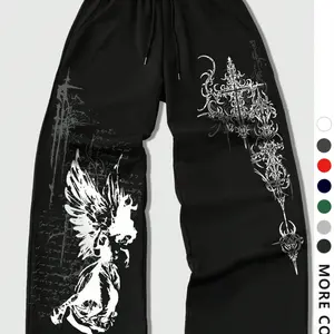 Men's Casual Loose-Fit Athletic Pants, Angel Totem Graphic Print Drawstring Wide Leg Joggers, All-Season Men's Clothing, Wide Leg Sweatpants, Deep Sweatpants, Baggy Sweatpants