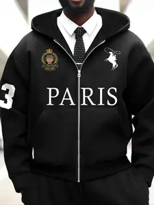 Men's Zipper Hoodie, Thin Fall Winter Outerwear, Casual Loose-Fitting Jacket with Pockets, Paris Logo, Daily Wear, Couple Matching