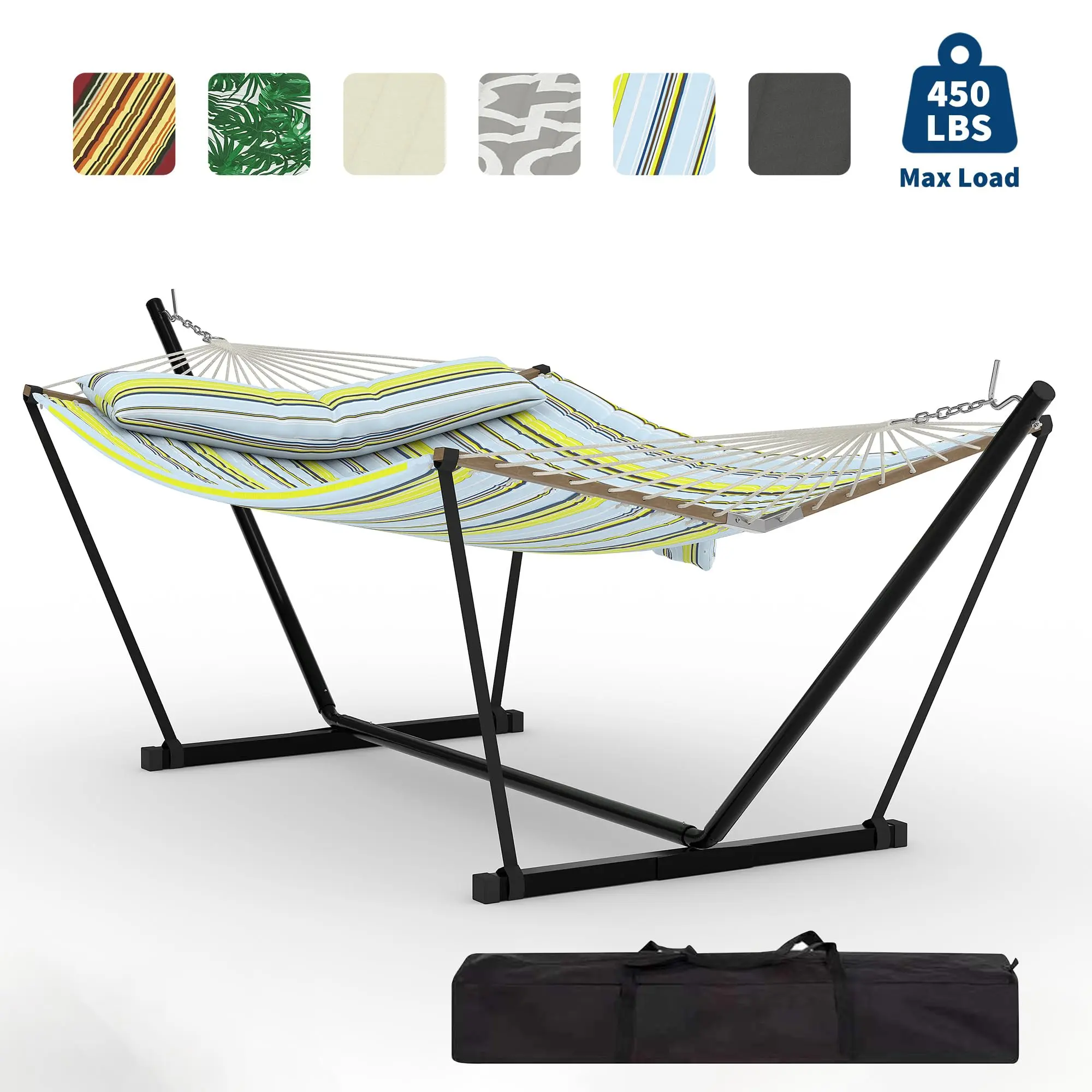 SummerVibes Hammock  2 Person Outdoor  with Stand, Heavy Duty Portable Double Hammock with Balance Rope, MAX 450 LBS Capacity for Patio, Backyard, Garden, Beach