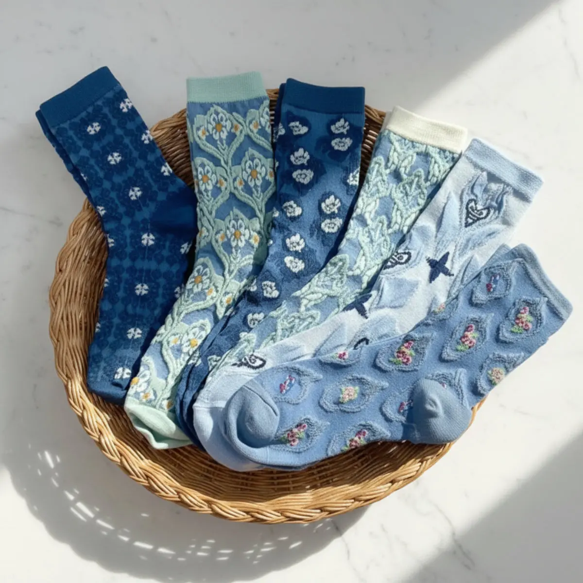 Blue Botanical Crew Socks Multi-Pack - 6-Pair Denim Blues Aesthetic Gift Bundle