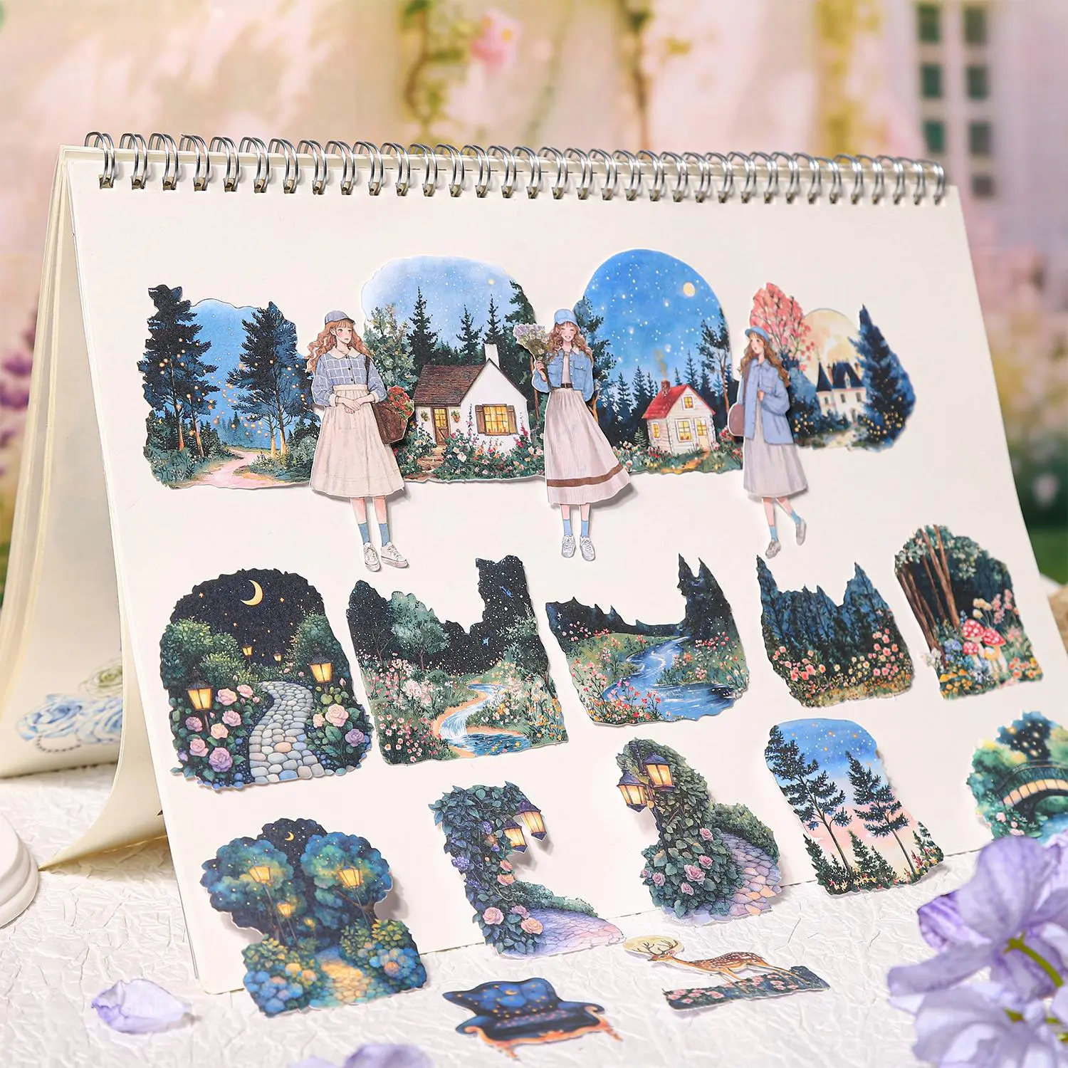 Garden Scenery Stickers, Washi Paper Material, Scrapbook Materials, Garden Time Series Beauty and People Theme Stationery Water Bottle Hand Account Decoration Seals, Aesthetic Stickers, Scenes Stickers