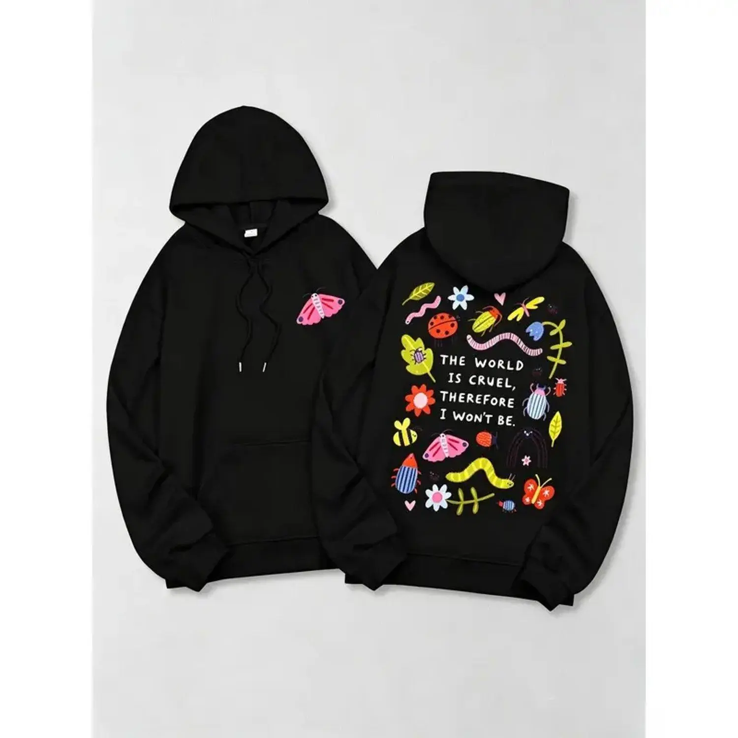 Hoodie Sweatshirt Cute Bug Print Pink The World Is Cruel Slogan 280g Autumn Washed Graphic Casual Pullover Fashionable Outerwear