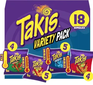 Takis 18 pc / 1 oz Variety Pack, Assorted Flavored Mixed Rolled Tortilla Chips – (5) Fuego, (5) Blue Heat, (4) Nitro, (4) Crunchy Fajitas
