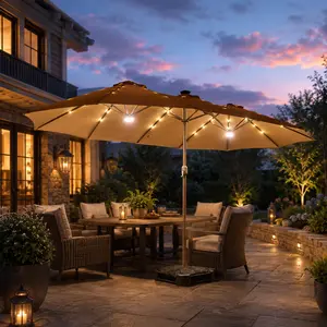 Summervibes CAODOC 15Ft Solar Patio Umbrella with Base, Extra Large Double Sided Outdoor Rectangle Umbrella with 2 Extra Lights, Brighter Twin Patio Umbrella with Crank Handle for Garden, Deck, Poolside, Backyard