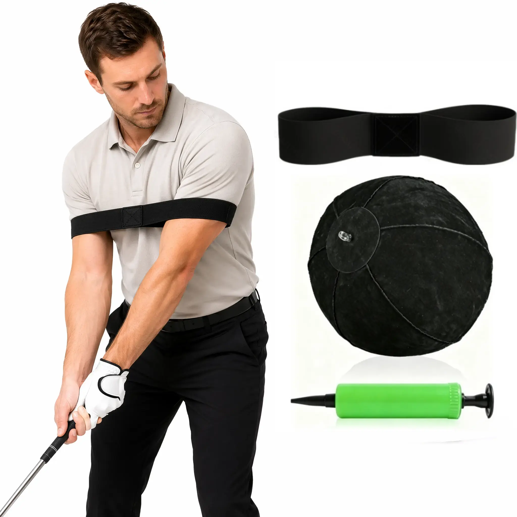 Golf Swing Training Belt Set – Smart Inflatable Ball with Pump & Adjustable Lanyard, Correct Arm Position & Tempo, Essential Swing Trainer for Beginners
