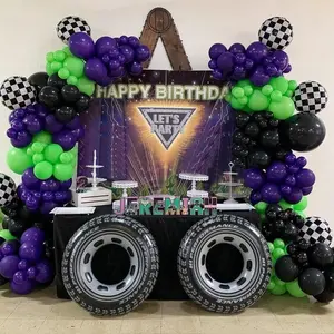 145 count   Theme Purple and Green Black Balloon Garland Arch Kit with Big Wheels Checkered Foil Balloons for   Race  Birthday Jam Party Decorations   Party Supplies