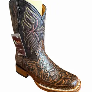 Western Hand Tooled Leather Square Toe boot/ Bota Vaquera Estilo Rodeo Cincelada Caballero Est. 697