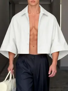 INCERUN Men Shirt Basic Solid Color Plain Lapel 3/4 Sleeve Loose Casual Men Clothing Streetwear Korean Style Fashion Male Crop Tops Camisas Menswear
