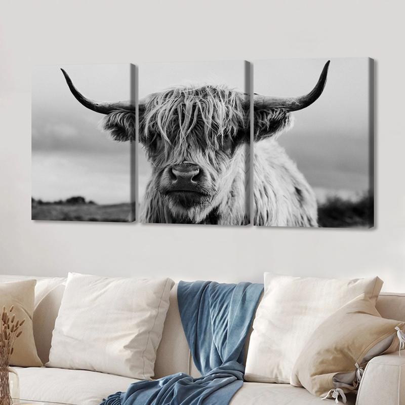 3Pcs Wooden Framed Canvas Painting, Black And White Highland Cow Portrait, Exquisite Poster, Home Decoration, Pattern Wall Art Decor, For Living Room, Bedroom, Office, Restaurant, Bar Wall Decor, Odorless, Painting, Print Artwork.