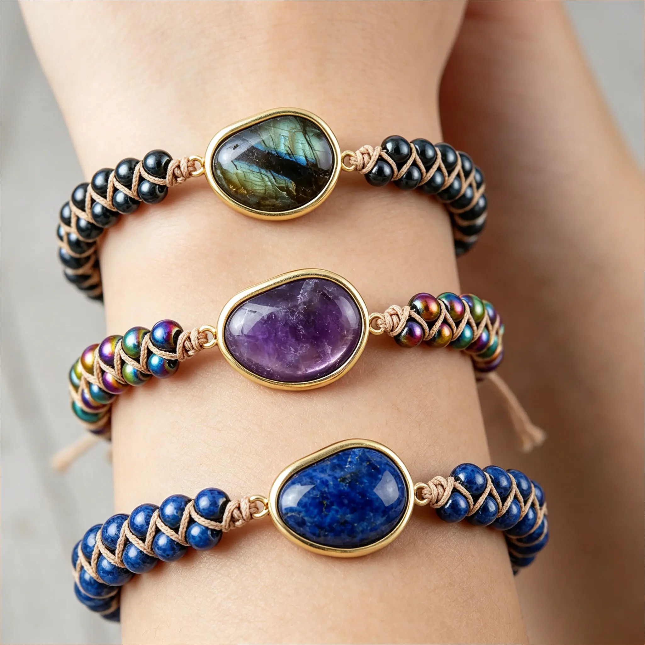Natural Labradorite & Hematite Adjustable Macrame Bracelet, Gold Framed Flash Stone, Intuition, Protection & Grounding Healing Crystal Jewelry