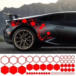 52 Grids Car PVC Honeycomb Graphics Hexagonal Stickers Auto Decor Tuning Glossy Car Decals for Car Side Body DIY Car Body Sticker (Red)